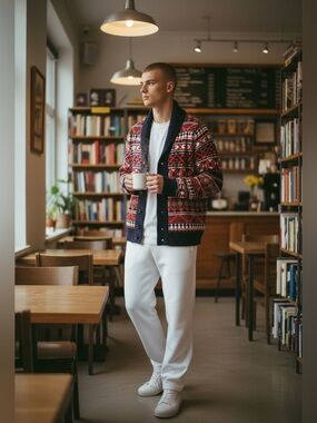 Men's Shawl Collar Cardigan Sweater - Red & Navy Fair Isle